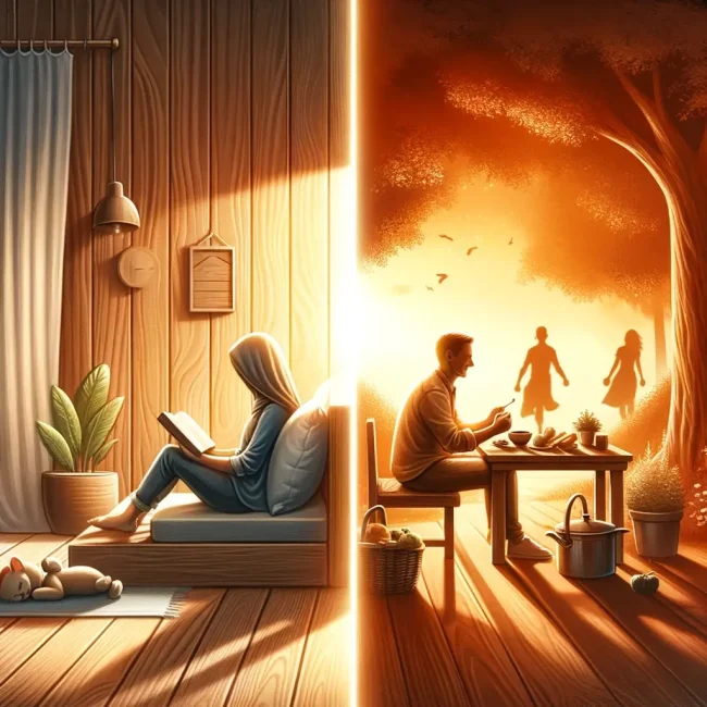 A serene image depicting the balance between alone time and couple time. On one side, a person enjoying a peaceful moment of solitude, perhaps reading a book or meditating in a cozy, sunlit space. On the other side, a happy couple sharing a quality moment together, like having a picnic, walking hand-in-hand, or cooking together.